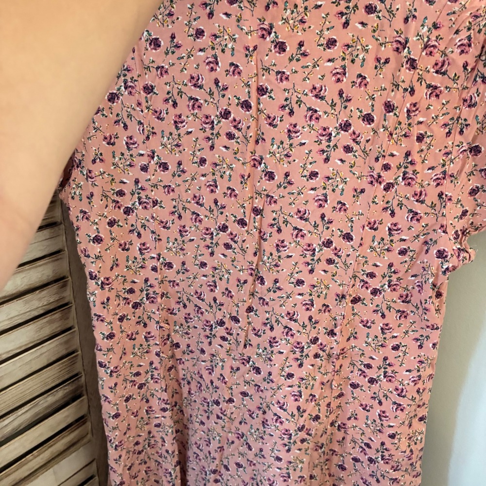 Kindred Women Boho Peach Pink Floral Button Front V-Neck Mini Dress L - Picture 7 of 7